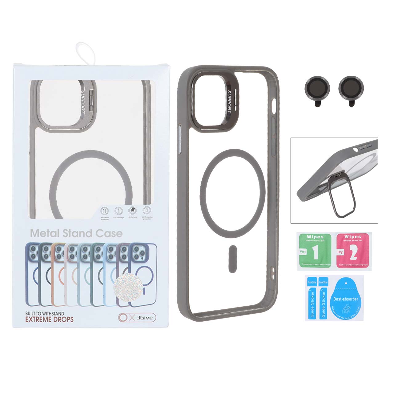 قاب Support لنز آلومینیومی Magsafe با ست محافظ لنز رینگی Apple iPhone 11 - خاکستری (پک دار)