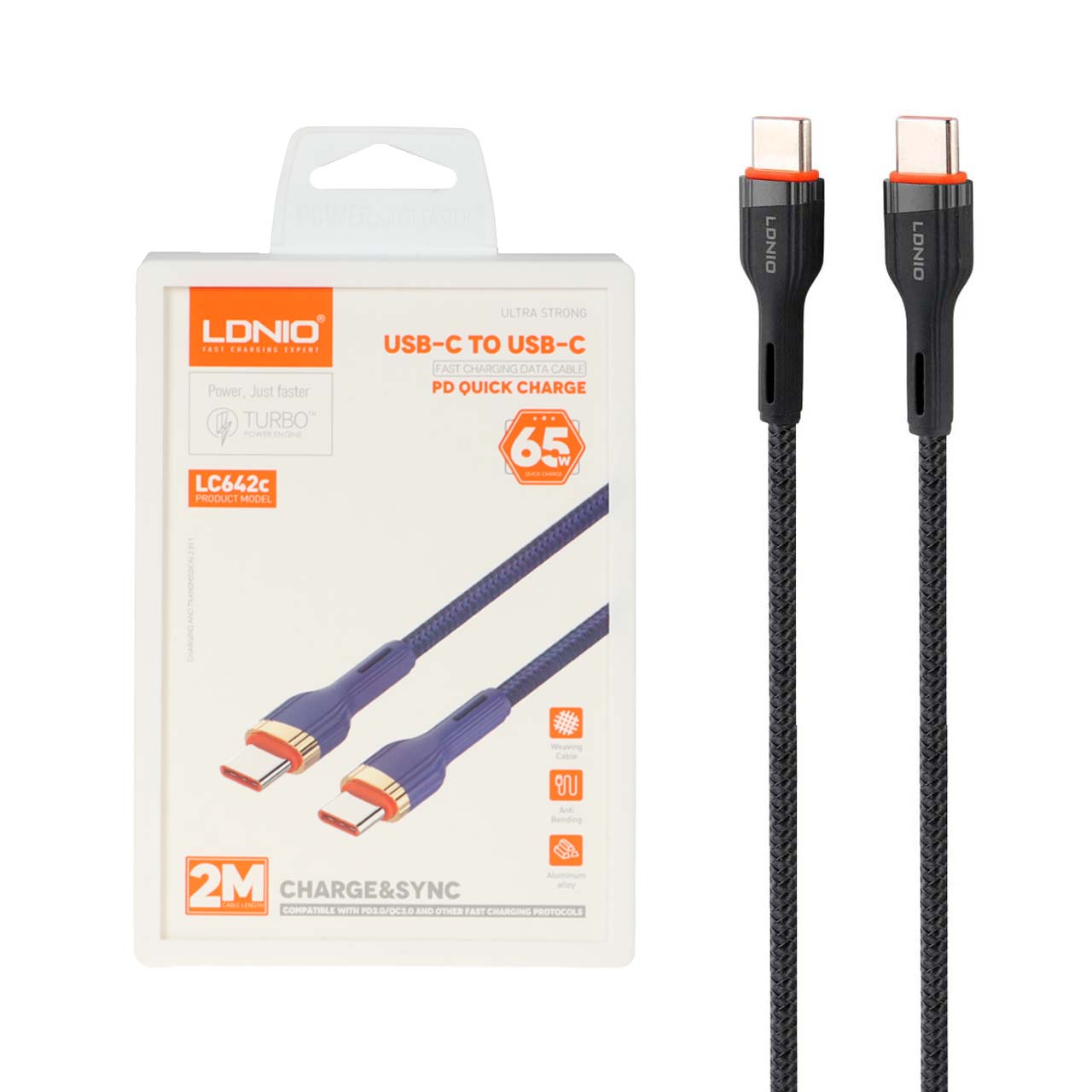 کابل شارژ PD و فست 2 متری LDNIO Type-C To Type-C مدل LC642C 65W - مشکی (اصلی)