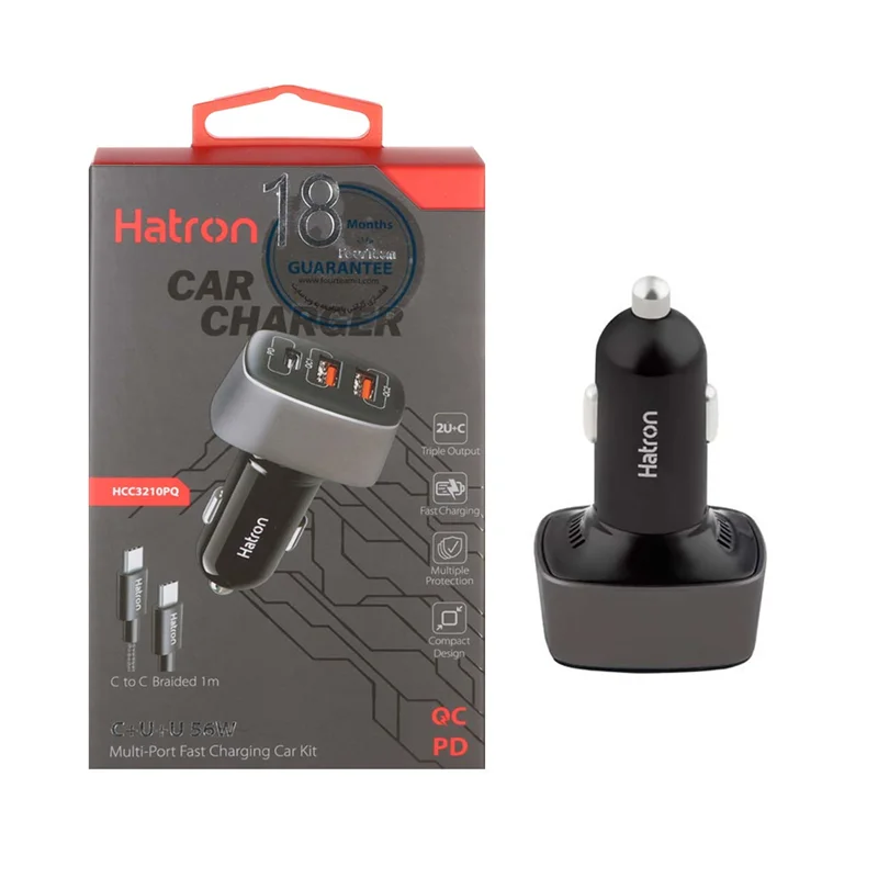 شارژر فندکی 56W فست و PD سه پورت Hatron مدل HCC3210PQ به همراه کابل شارژ Type-C - مشکی