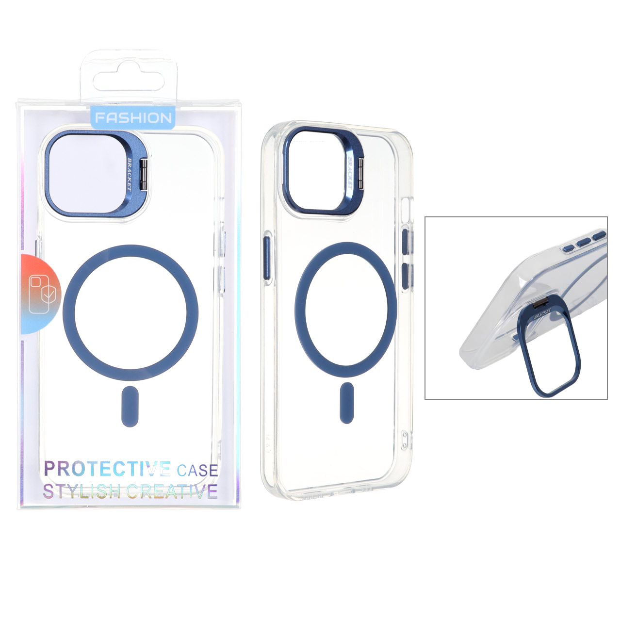 قاب اورجینال Bracket کریستالی MagSafe لنز استندشو Apple iPhone 13 / iPhone 14 - آبی (پک دار)