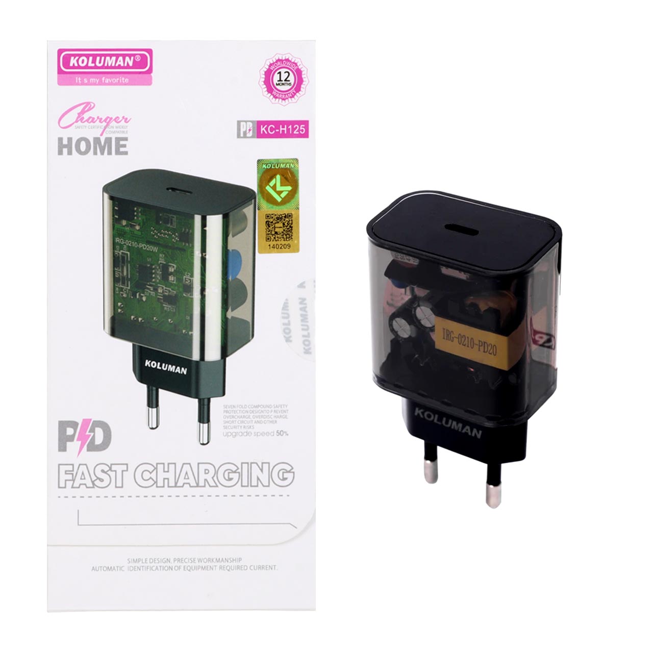 شارژر دیواری 20W فست و PD تک پورت Koluman مدل KC-H125 - مشکی