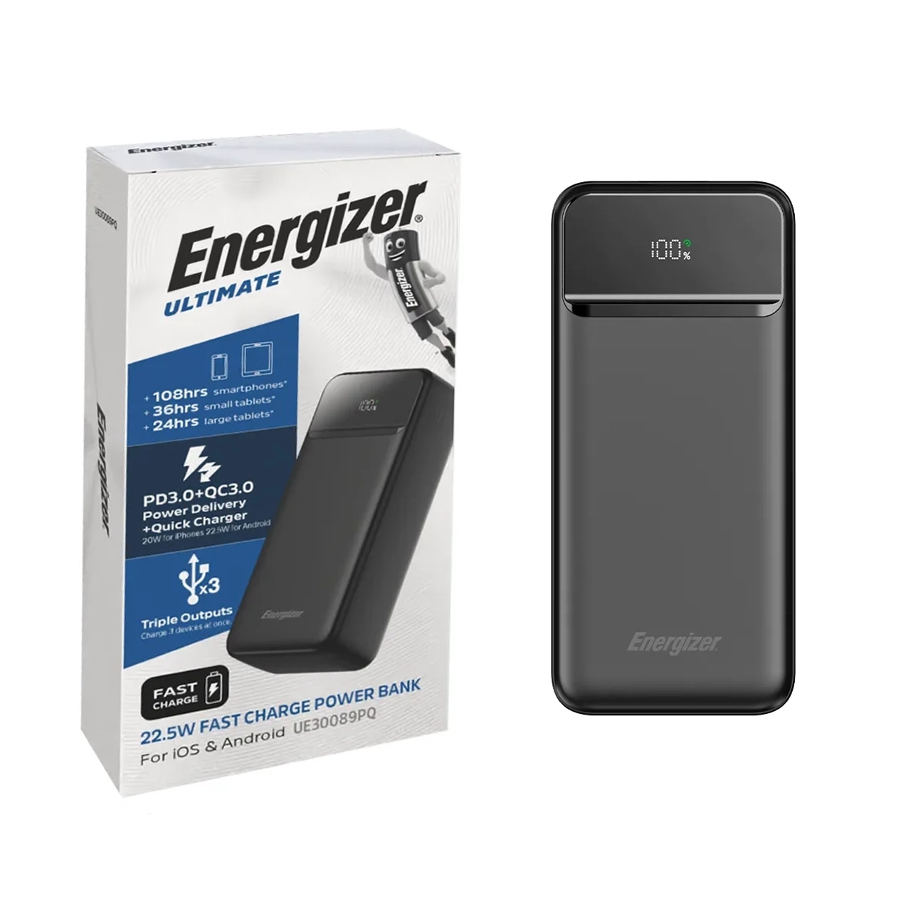 پاوربانک PD و فست شارژ Energizer 30000mAh مدل UE30089PQ 22.5W - مشکی (گارانتی متین)