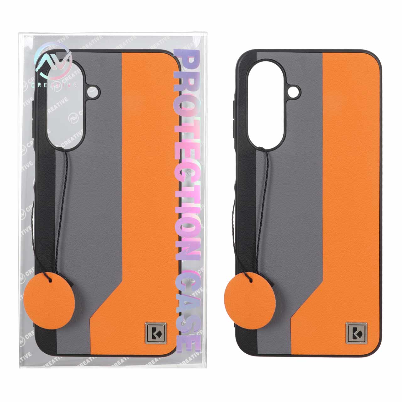 قاب Protection Case طرح چرم لوگو فلزی Samsung Galaxy A17 / A26 - خاکستری نارنجی (پک دار)