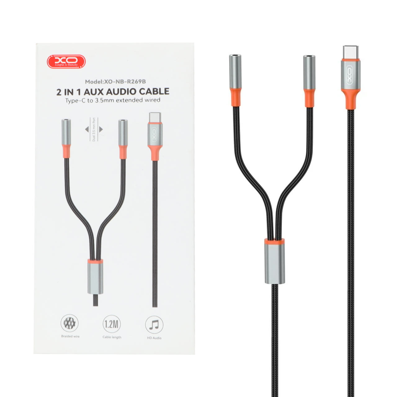 کابل تبدیل 1.2 متری Type-C به جک 3.5 میلی متری دوبل XO مدل XO-NB-R269B - مشکی