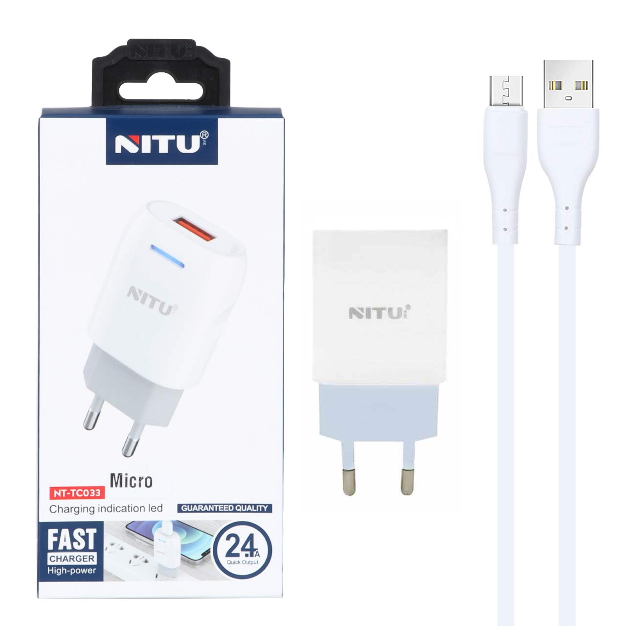 شارژر دیواری فست تک پورت Nitu مدل NT-TC033 به همراه کابل شارژ اندروید - سفید (گارانتی 18 ماه تعویض نیکان همراه)