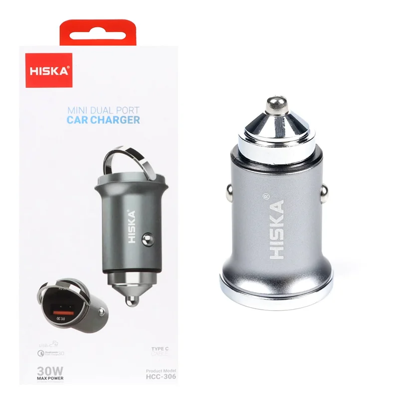 شارژر فندکی فست و PD دو پورت HISKA مدل HCC-306 30W به همراه کابل شارژ Type-C To Type-C - خاکستری