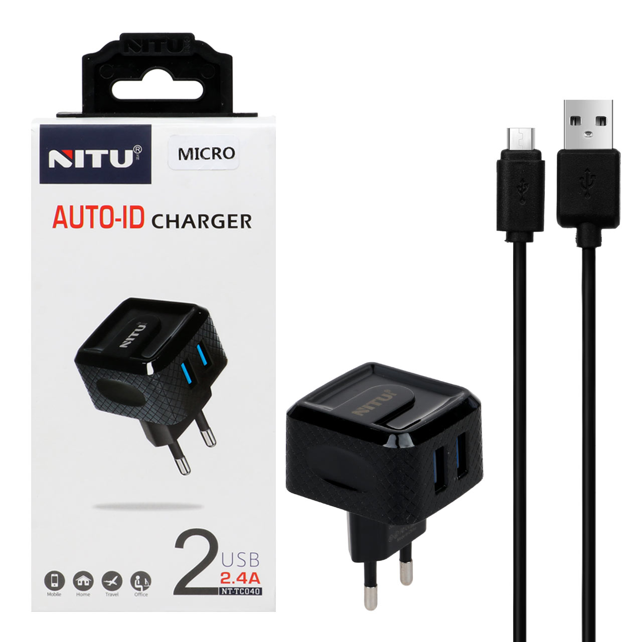 شارژر دیواری فست دو پورت NITU مدل TC040 به همراه کابل شارژ اندروید - مشکی (گارانتی 18 ماه تعویض نیکان همراه)