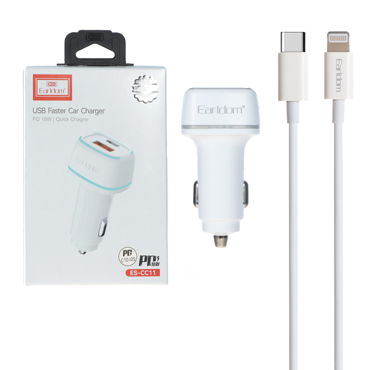 شارژر فندکی PD و فست دو پورت Earldom مدل CC11 18W به همراه کابل شارژ Type-C To Lightning - سفید