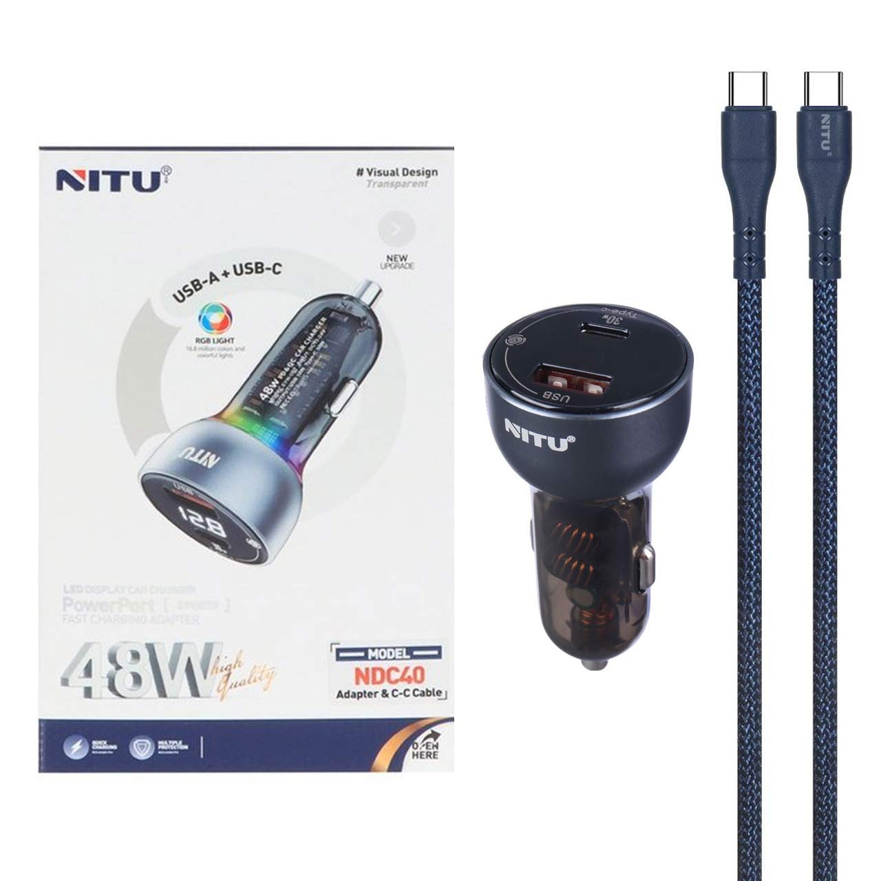 شارژر فندکی فست و PD دو پورت Nitu مدل NDC40 48W به همراه کابل شارژ Type-C To Type-C - سرمه ای (گارانتی 18 ماه تعویض نیکان همراه)