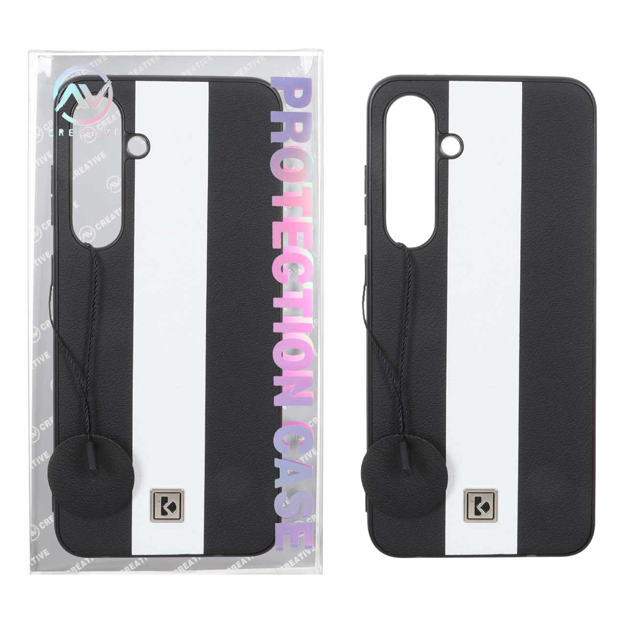 قاب Protection Case طرح چرم لوگو فلزی Samsung Galaxy S24 FE - مشکی سفید (پک دار)