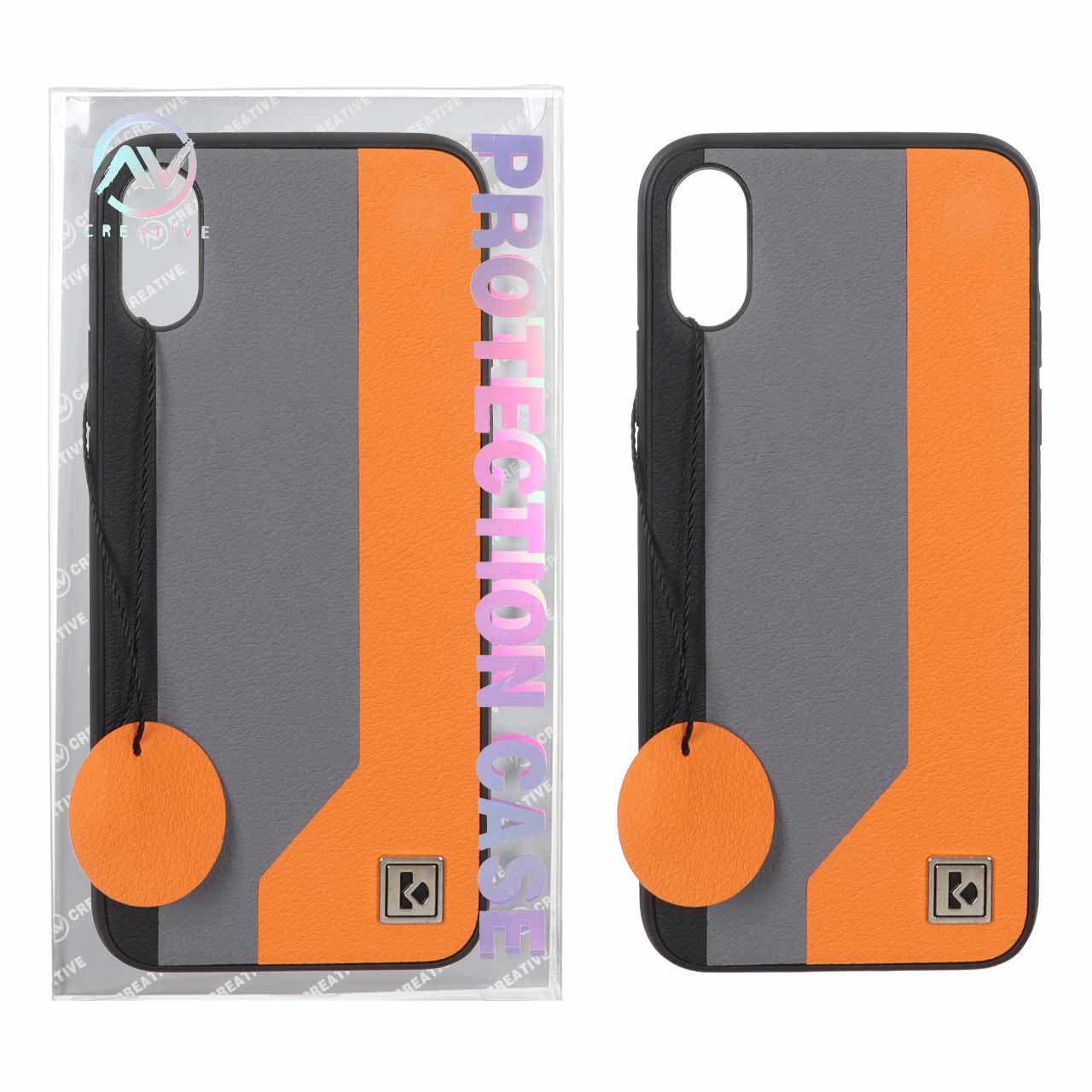 قاب Protection Case طرح چرم لوگو فلزی Apple iPhone X / iPhone XS - خاکستری نارنجی (پک دار)