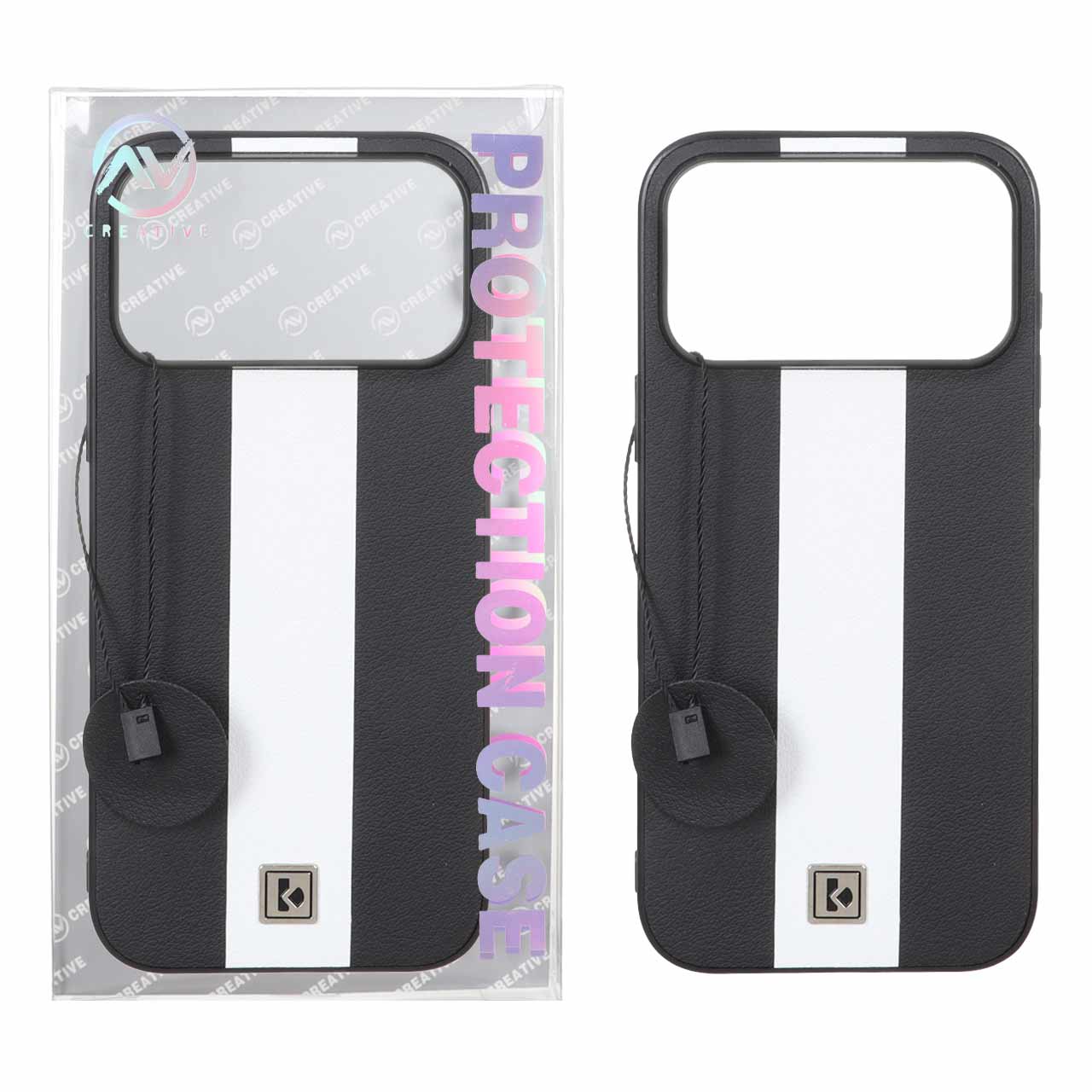 قاب Protection Case طرح چرم لوگو فلزی Apple iPhone 17 Pro Max - مشکی سفید (پک دار)