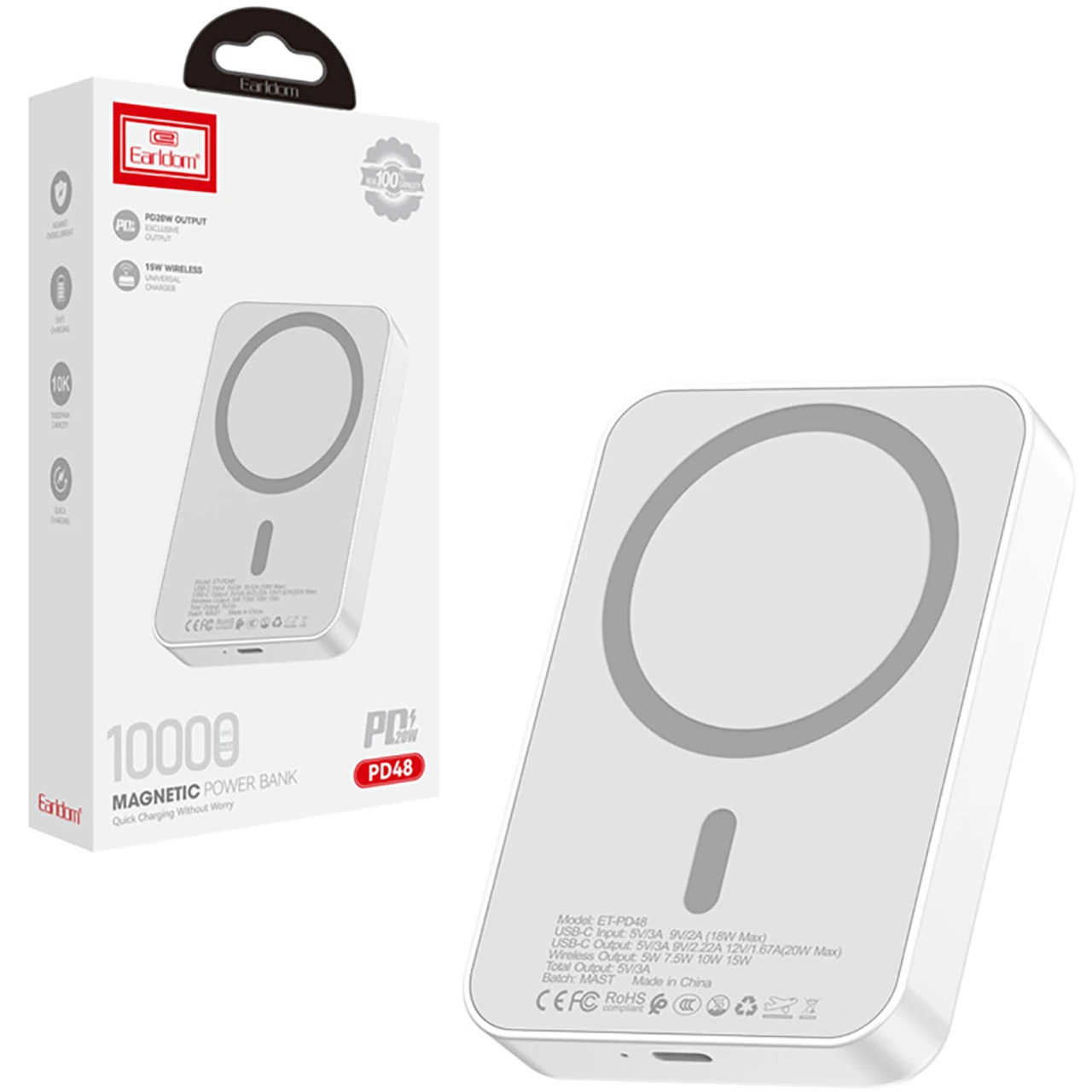 پاوربانک وایرلس PD و فست شارژ Earldom 10000mAh مدل ET-PD48 20W - سفید