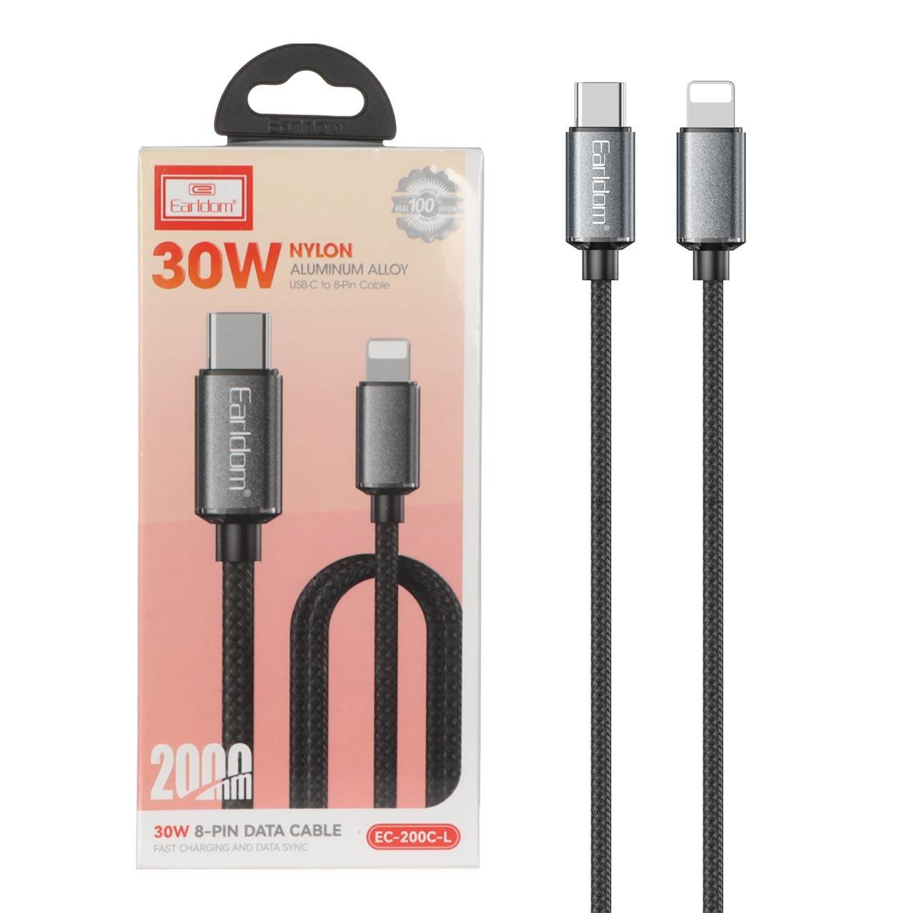 کابل شارژ PD و فست 2 متری Earldom Type-C To Lightning مدل EC-200C-L 30W - مشکی