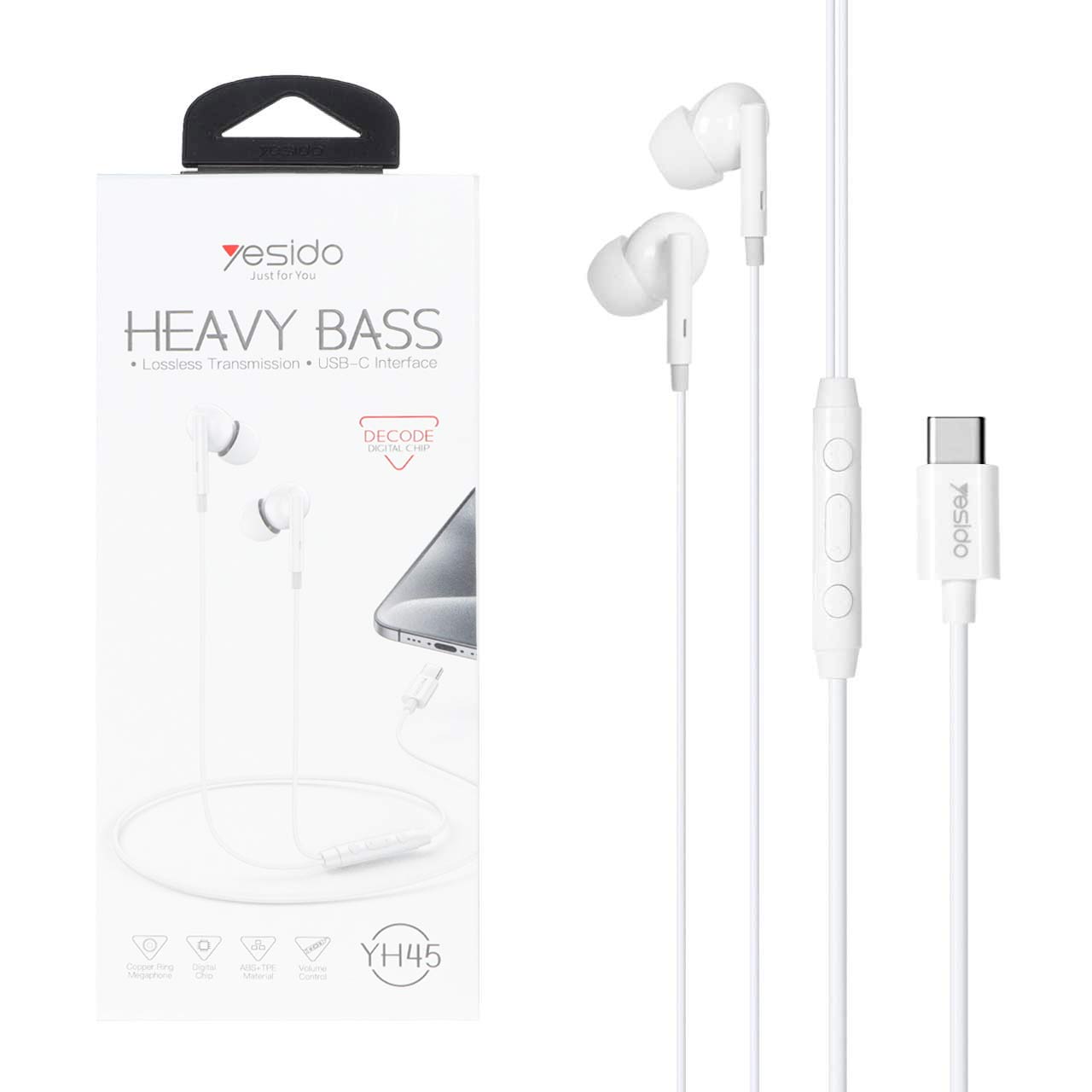 هندزفری باسیم Yesido با پورت Type-C مدل YH45 - سفید (گارانتی 3 ماه تعویض نیکان همراه)