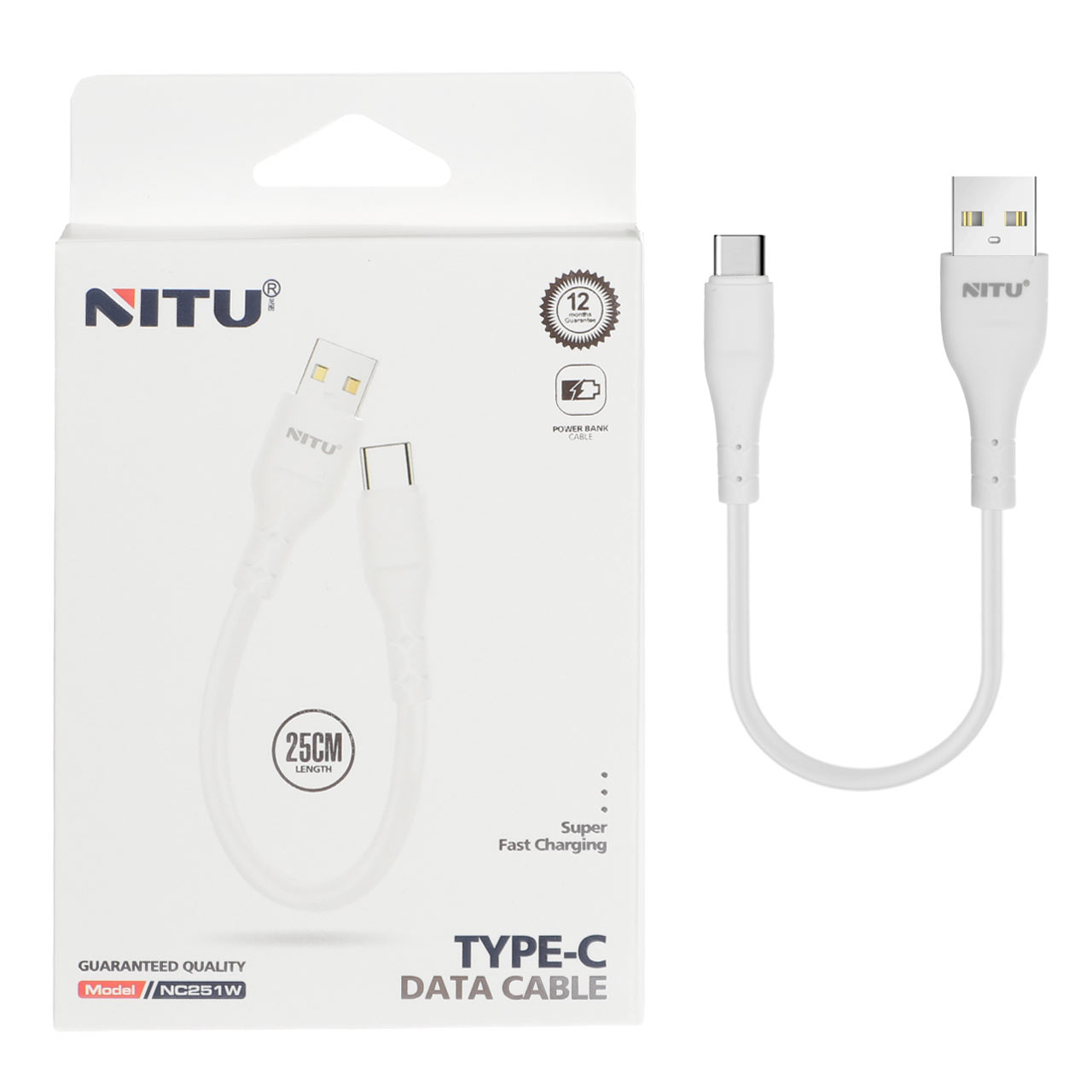 کابل شارژ پاوربانک فست NITU Type-C مدل NC251W - سفید (گارانتی 12 ماه تعویض نیکان همراه)