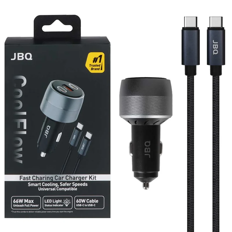 شارژر فندکی PD و فست سه پورت JBQ مدل Cool Flow C82339A 66W به همراه کابل شارژ Type-C To Type-C - مشکی (گارانتی یکساله رصاصی)