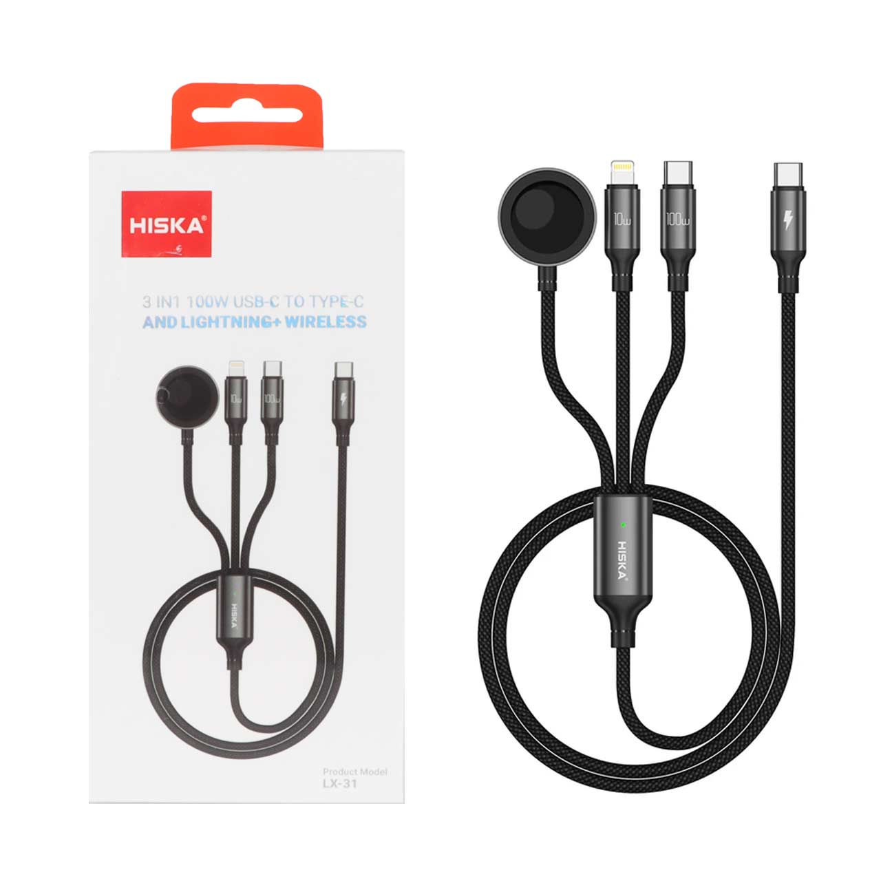 کابل شارژ 1.2 متری فست و شارژر وایرلس Hiska مدل LX-31 100W - مشکی