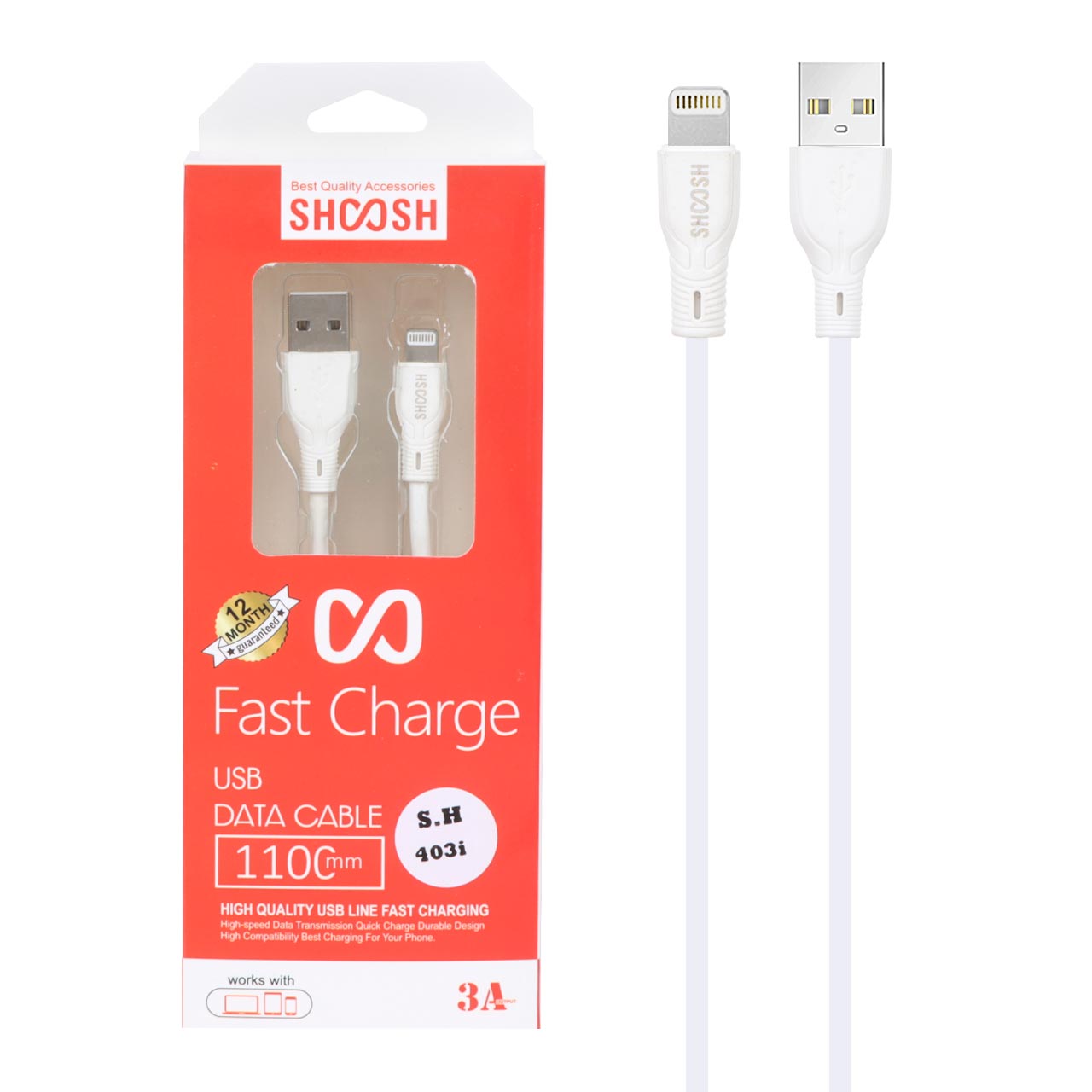 کابل شارژ 1.1 متری فست آیفون Shoosh مدل SH403i - سفید - SMO
