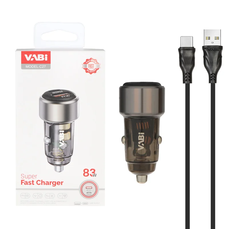 شارژر فندکی فست و PD دو پورت VABI مدل C27 به همراه کابل شارژ Type-C - خاکستری