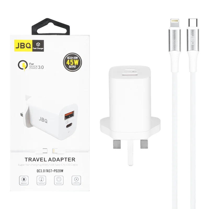 شارژر دیواری فست و PD دو پورت JBQ مدل HC-P5 45W همراه با کابل آیفون - سفید (گارانتی یکساله رصاصی)