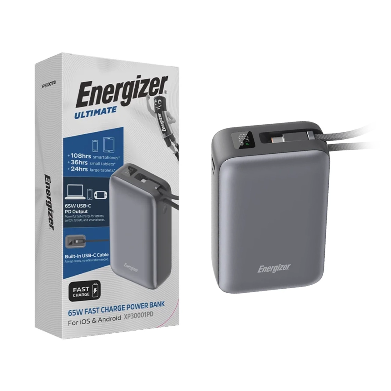 پاوربانک PD و فست شارژ Energizer 30000mAh مدل XP30001PD 65W - خاکستری (گارانتی متین)