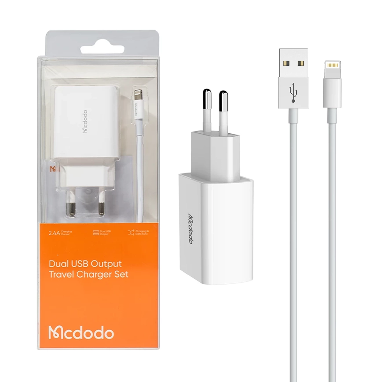 شارژر دیواری فست دو پورت Mcdodo مدل CH-6720 12W به همراه کابل شارژ آیفون - سفید (گارانتی 6 ماهه تعویض نیکان همراه)