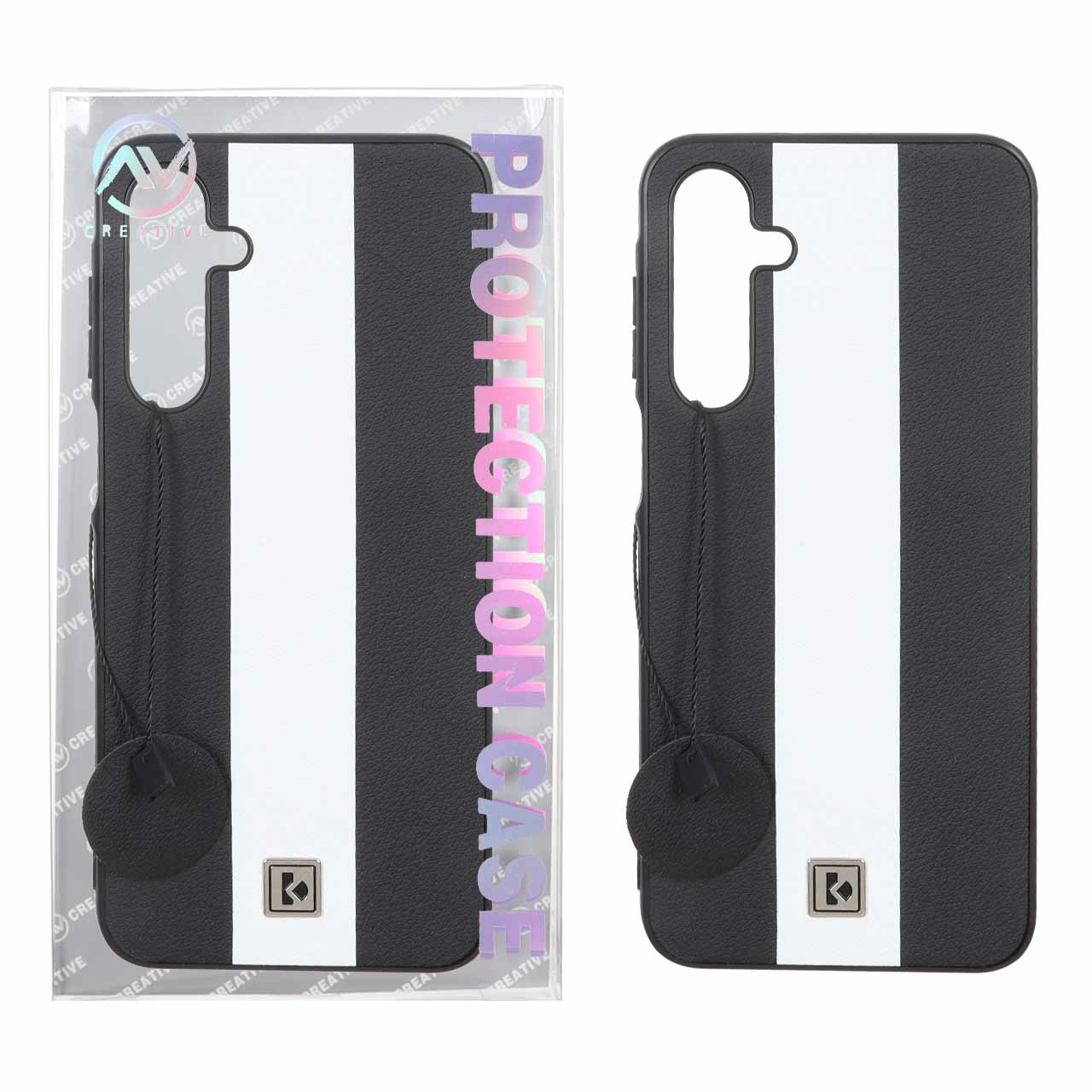 قاب Protection Case طرح چرم لوگو فلزی Samsung Galaxy A16 - مشکی سفید (پک دار)