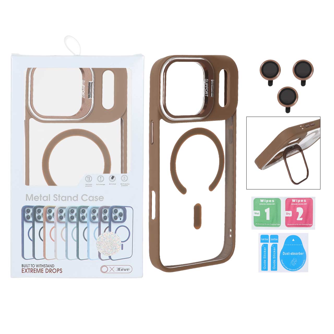 قاب Support لنز آلومینیومی Magsafe با ست محافظ لنز رینگی Apple iPhone 17 Pro Max - صحرایی (پک دار)