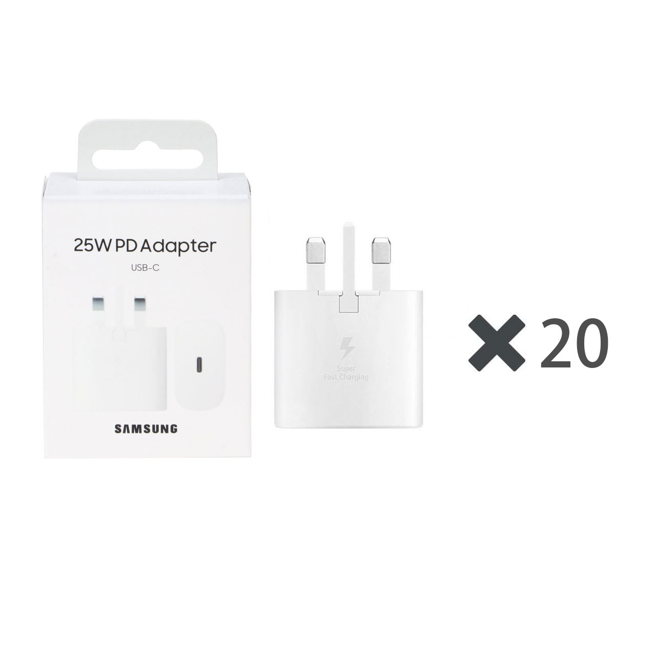 پک 20 عددی شارژر دیواری سه پین PD و فست تک پورت SAMSUNG Type-C مدل 25W CH - سفید - DST (گارانتی شش ماهه)