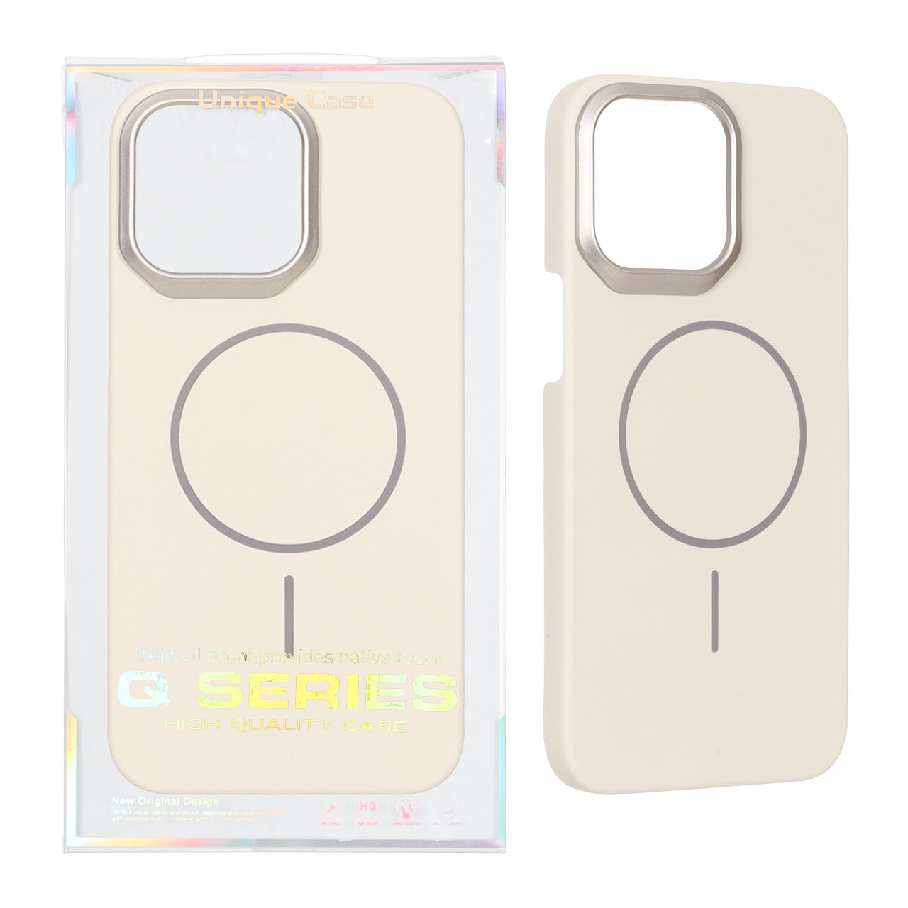 قاب اورجینال Q Series پشت سخت MagSafe دور لنز برجسته Apple iPhone 15 Pro Max - کرم (پک دار)