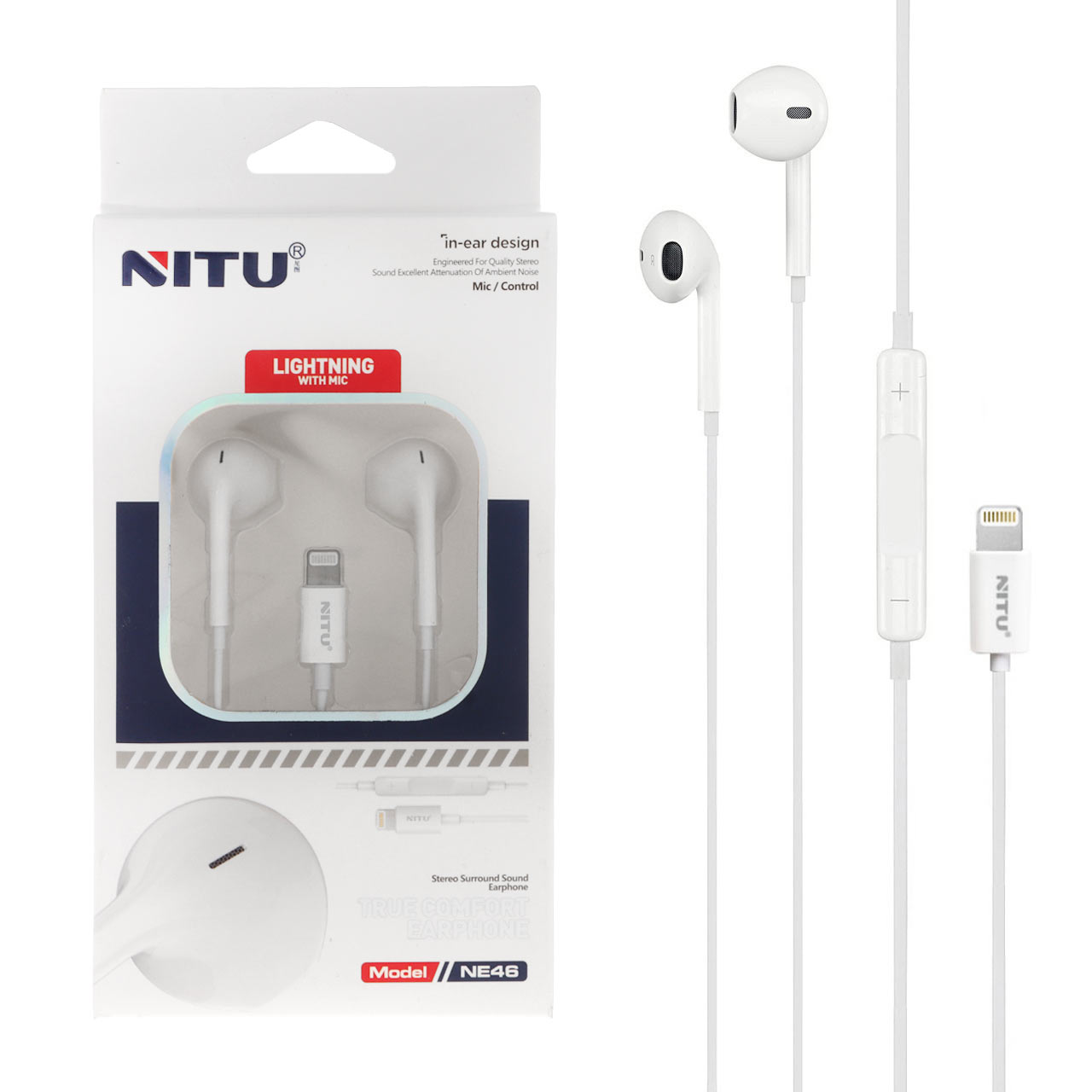 هندزفری باسیم با پورت آیفون Nitu مدل NE46 - سفید (گارانتی 18 ماه تعویض نیکان همراه)