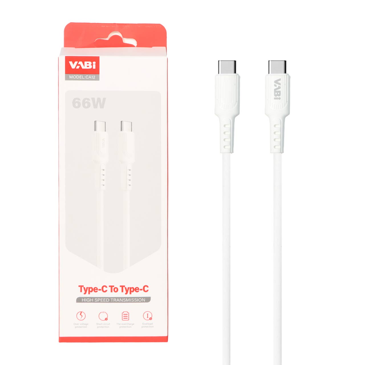 کابل شارژ فست VABI Type-C To Type-C مدل CA12 66W - سفید