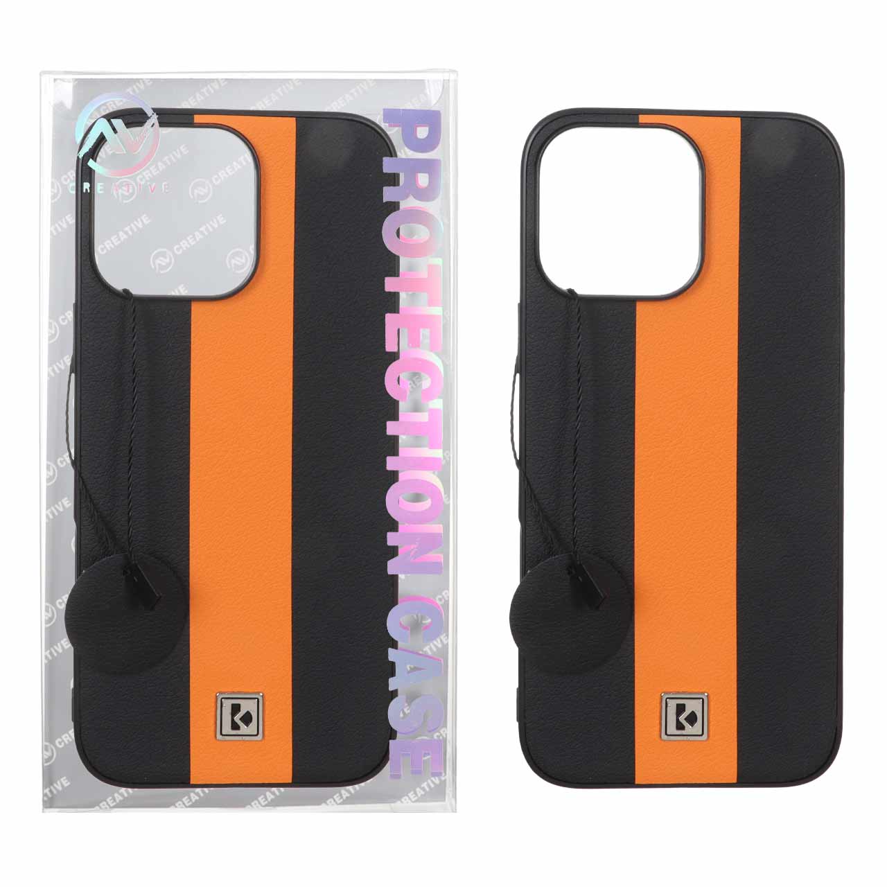 قاب Protection Case طرح چرم لوگو فلزی Apple iPhone 16 Pro Max - مشکی نارنجی (پک دار)