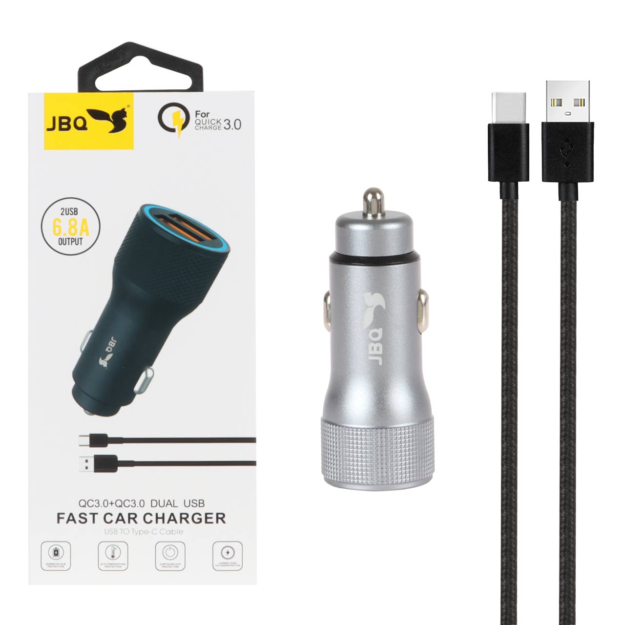 شارژر فندکی فست دو پورت JBQ مدل CC-D5 18W همراه با کابل Type-C - نقره ای (گارانتی یکساله رصاصی)