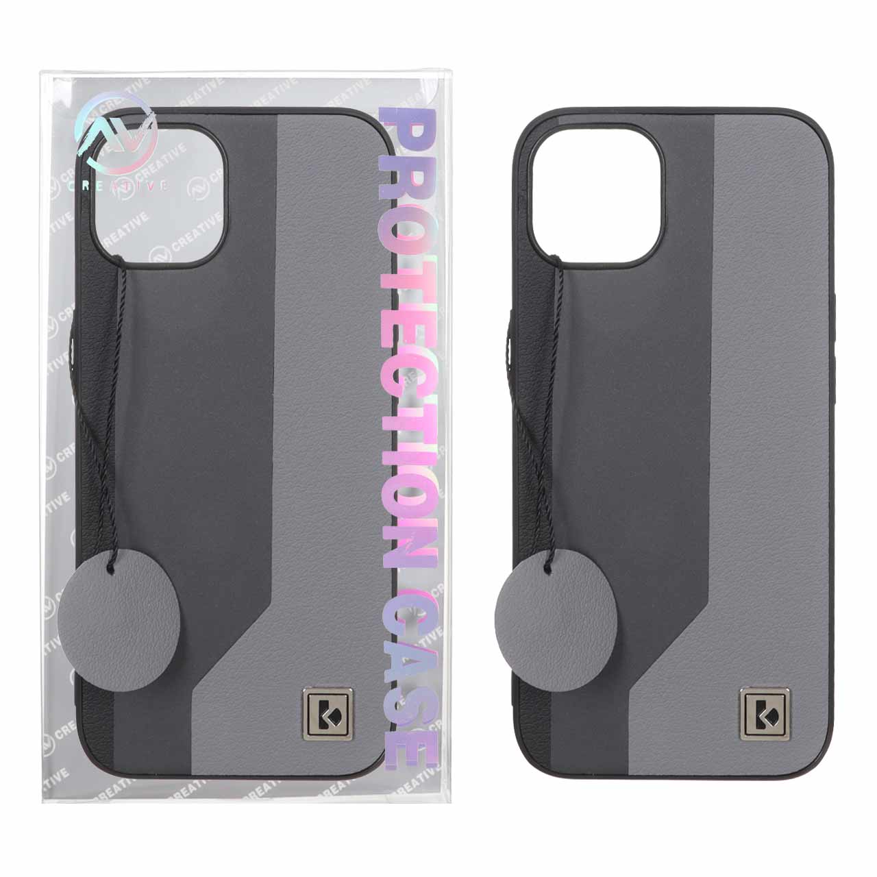 قاب Protection Case طرح چرم لوگو فلزی Apple iPhone 13 / iPhone 14 - خاکستری (پک دار)