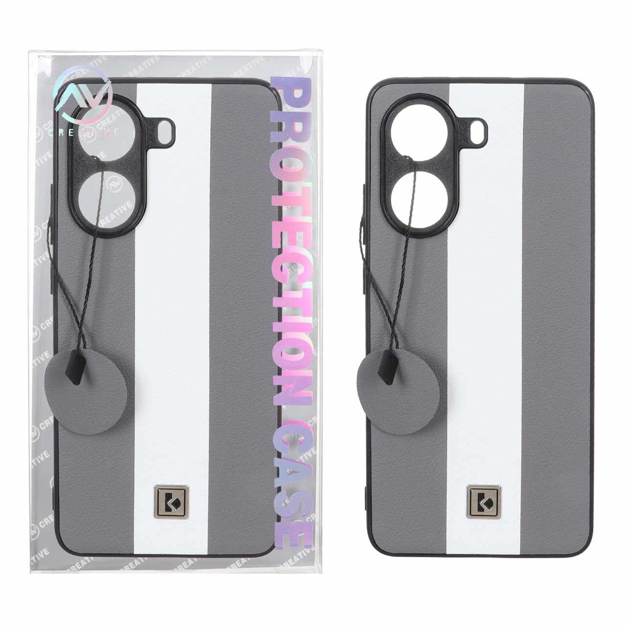 قاب Protection Case طرح چرم لوگو فلزی Xiaomi Poco X7 Pro - خاکستری سفید (پک دار)