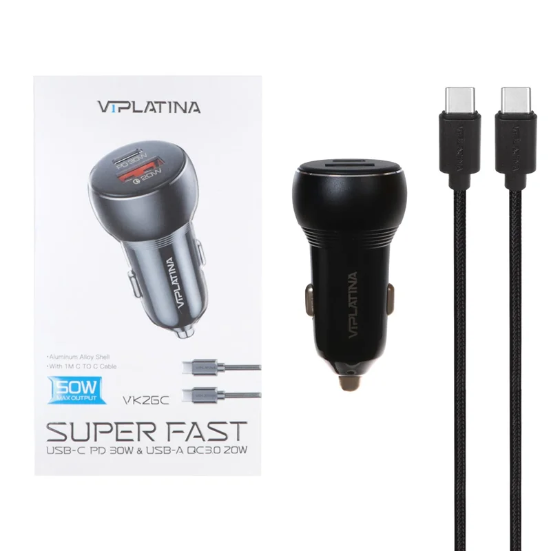 شارژر فندکی PD و فست دو پورت VIPLATINA مدل VK26C 50W به همراه کابل شارژ Type-C To Type-C - مشکی