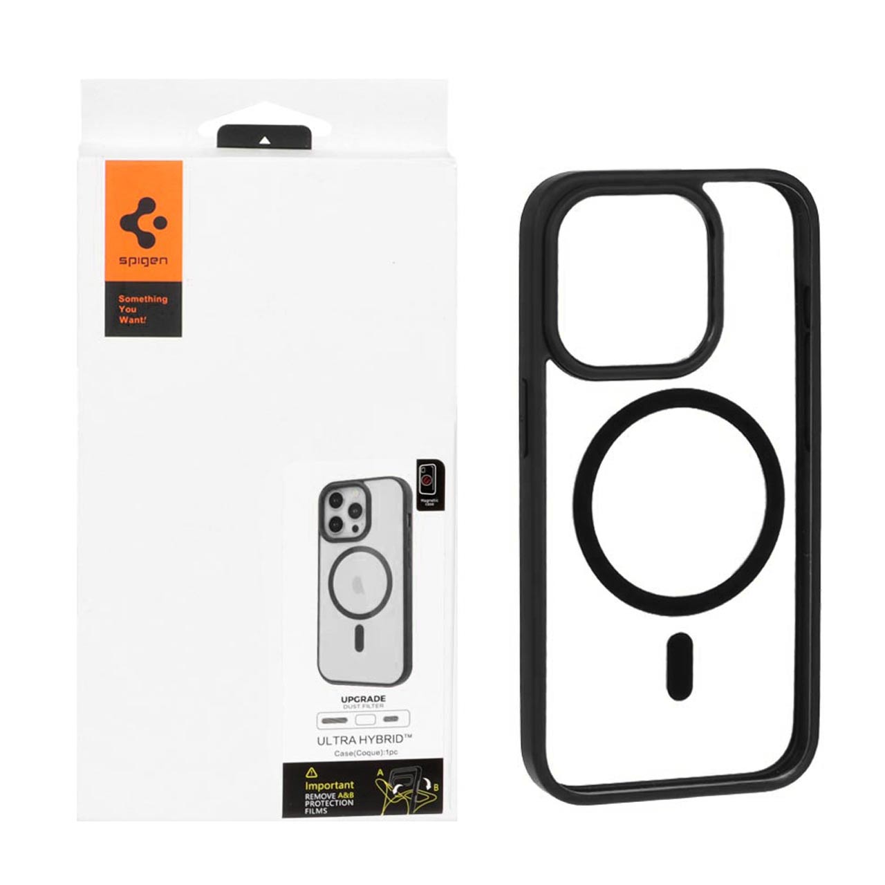 قاب اورجینال Magsafe Spigen با توری اسپیکر فلزی Apple iPhone 15 Pro - شفاف مشکی (پک دار)