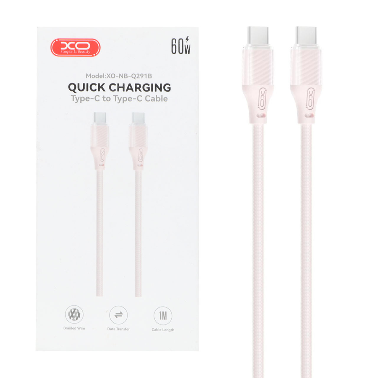 کابل شارژ فست XO Type-C to Type-C مدل XO-NB-Q291B 60W - صورتی