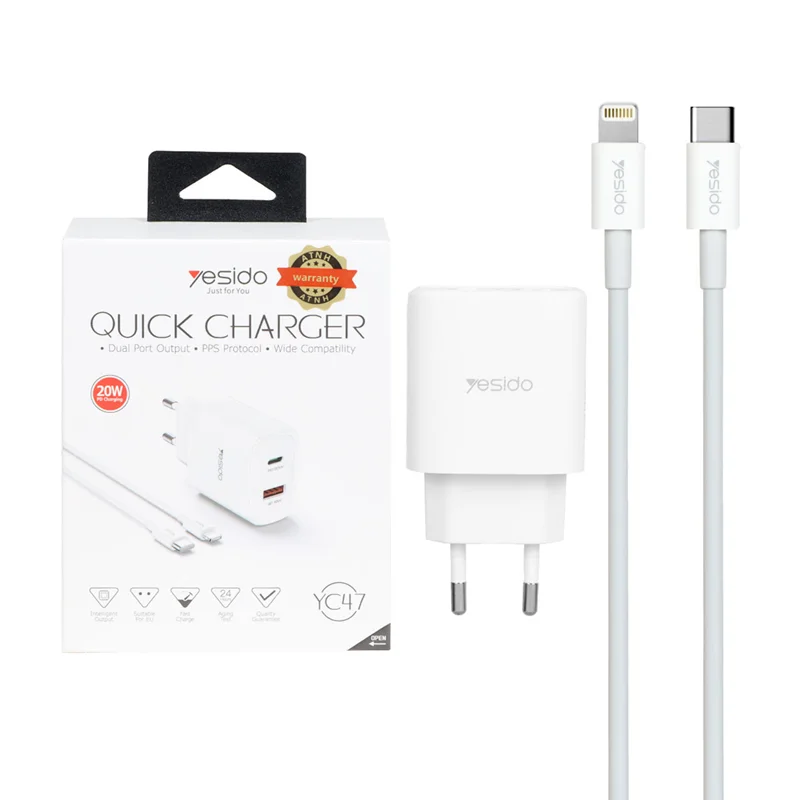 شارژر دیواری فست و PD دو پورت Yesido مدل YC47 20W به همراه کابل شارژ آیفون - سفید