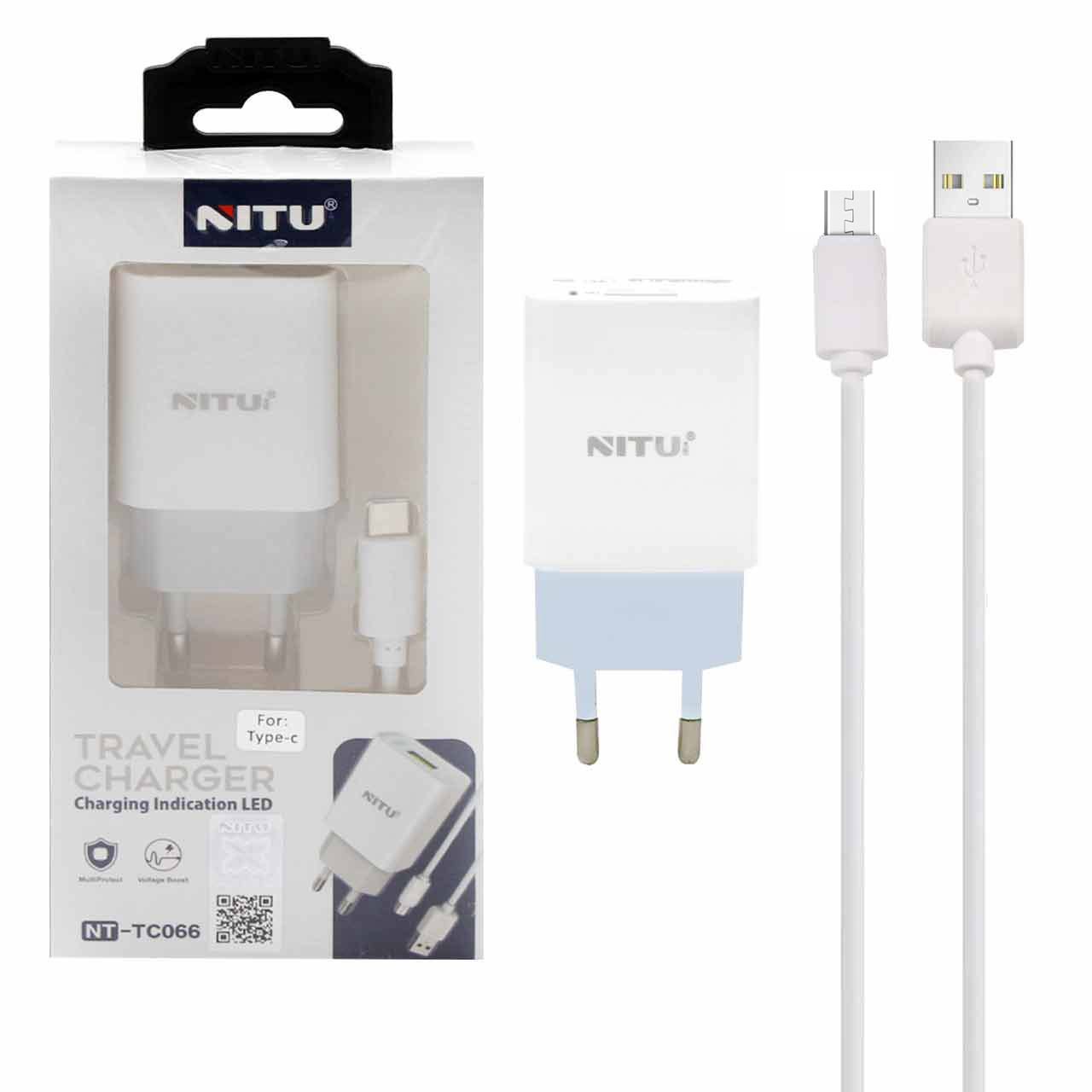 شارژر دیواری فست تک پورت Nitu مدل NT-TC066 به همراه کابل شارژ اندروید - سفید (گارانتی 18 ماه تعویض نیکان همراه)