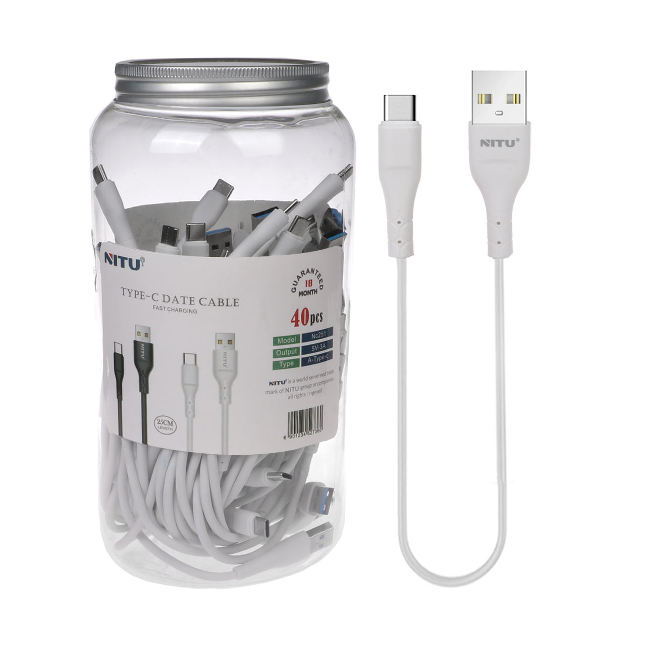 کابل شارژ پاوربانک فست NITU Type-C مدل NC251 - سفید (بسته 40 عددی)