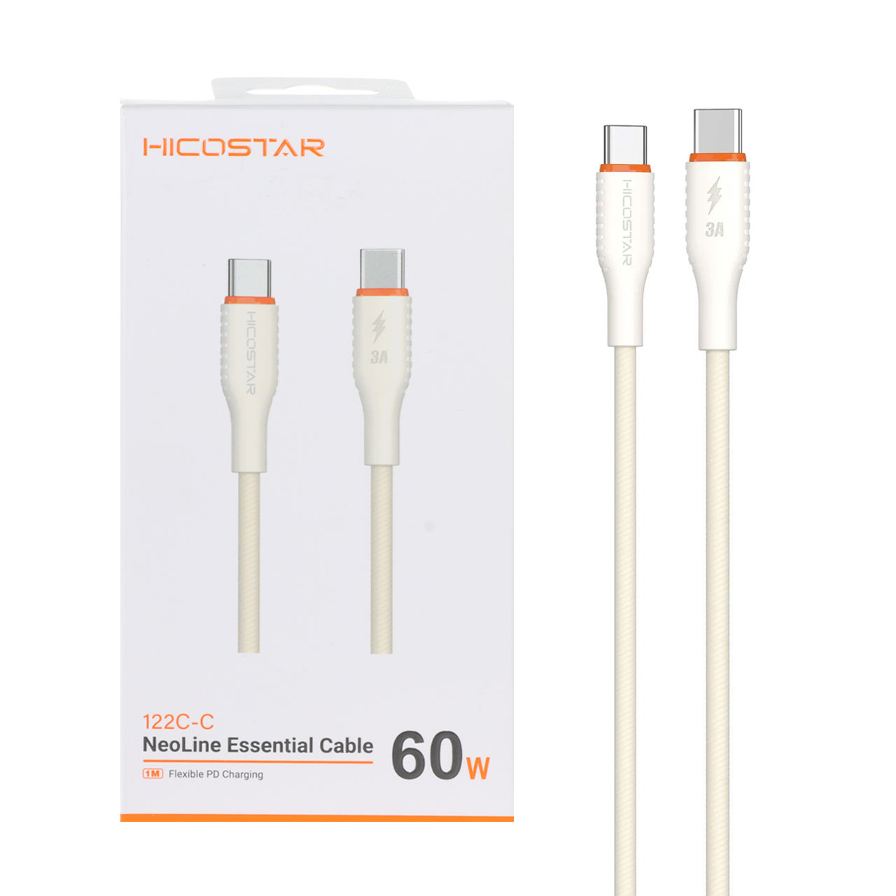 کابل شارژ فست و Hicostar Type-C to Type-C PD مدل 122C-C 60W - کرم
