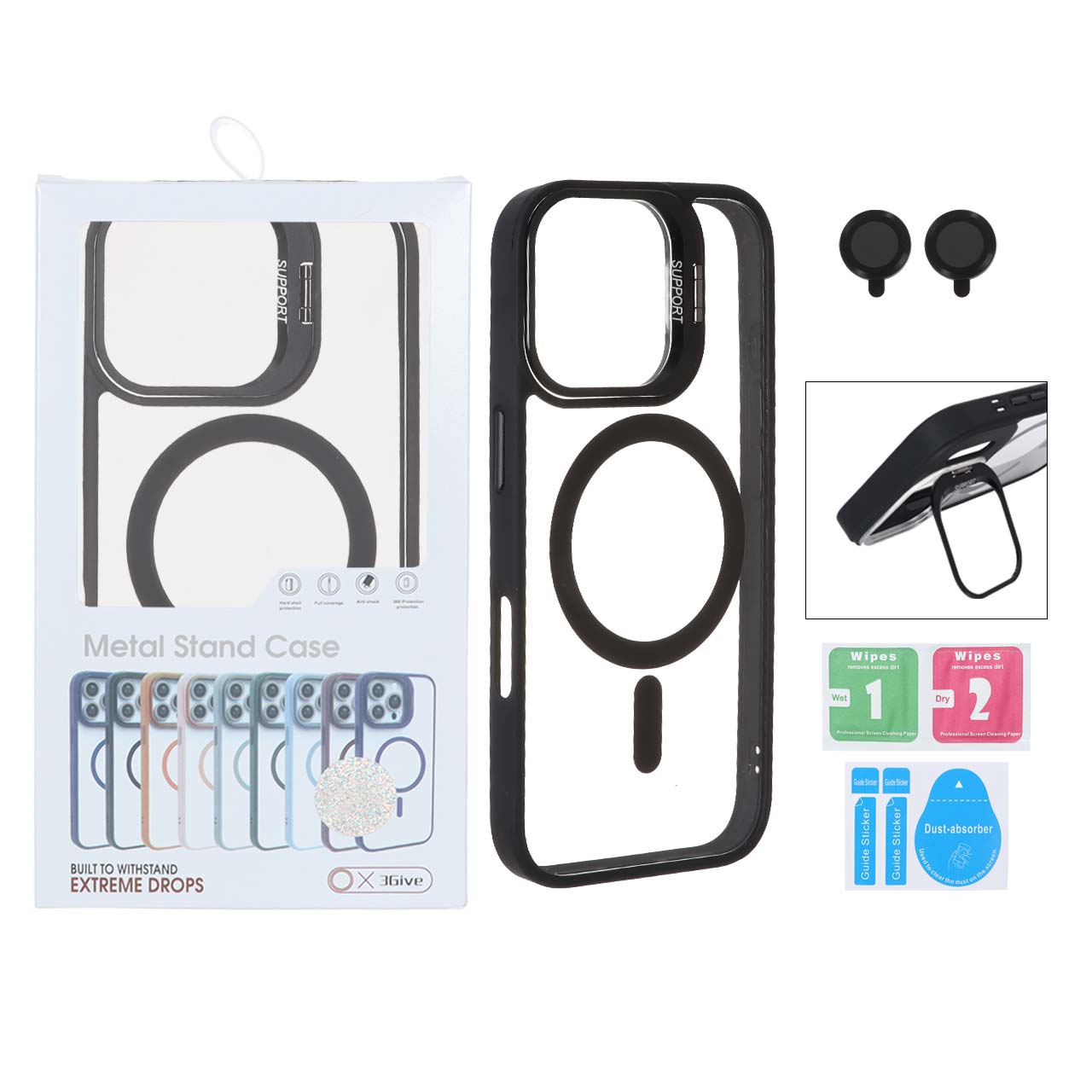 قاب Support لنز آلومینیومی Magsafe با ست محافظ لنز رینگی Apple iPhone 17 - مشکی (پک دار)