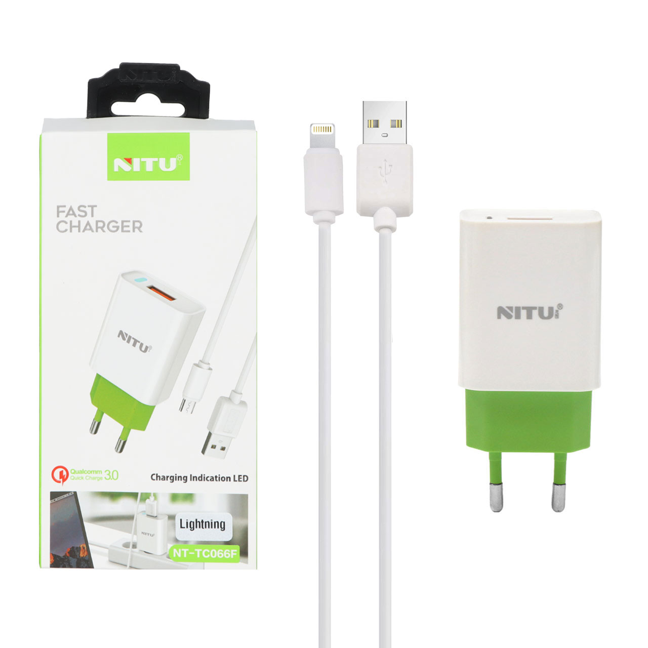 شارژر دیواری فست تک پورت NITU مدل NT-TC066F به همراه کابل شارژ آیفون - سفید سبز