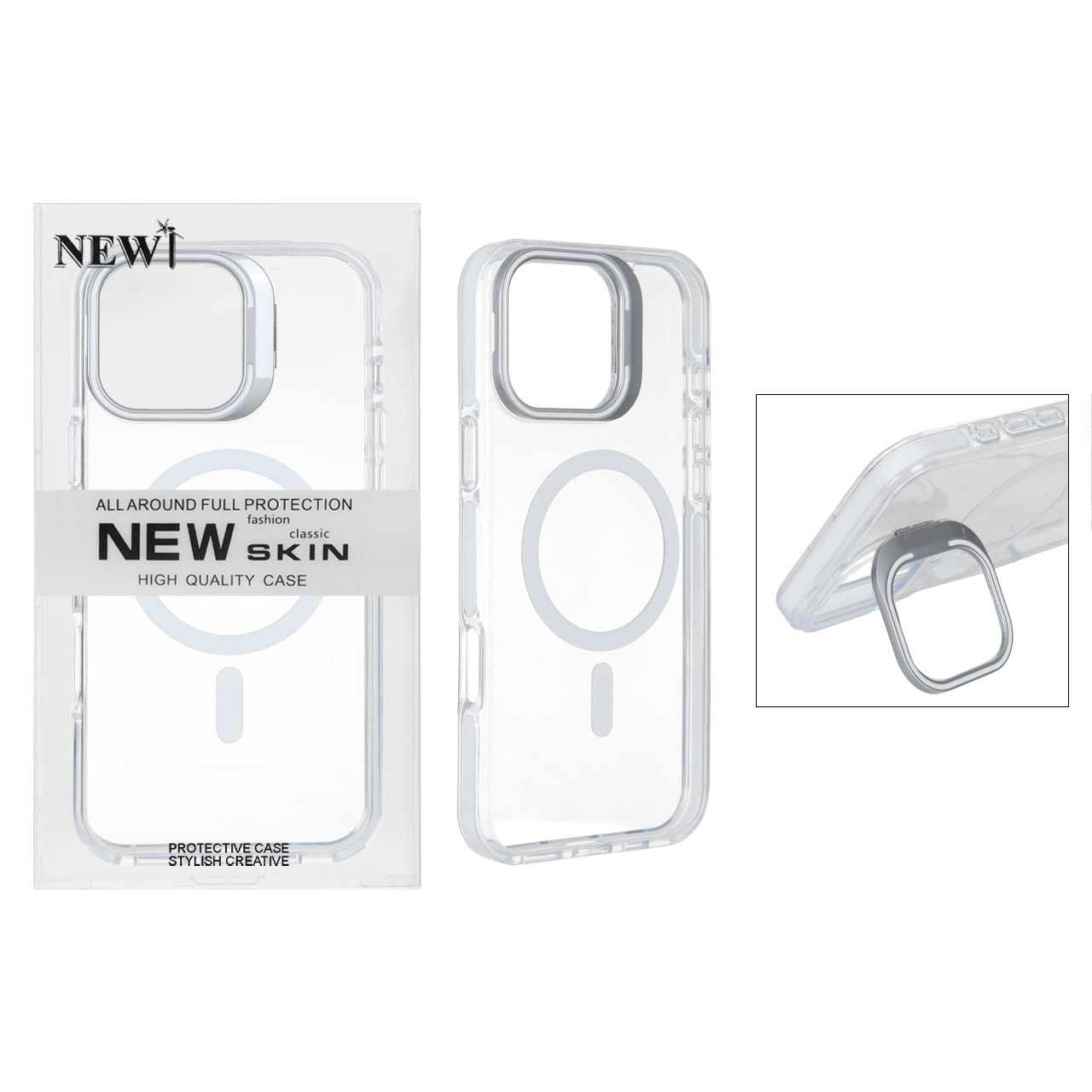 قاب اورجینال New Skin شفاف کریستالی MagSafe لنز استندشو Apple iPhone 16 Pro Max - سفید (پک دار)