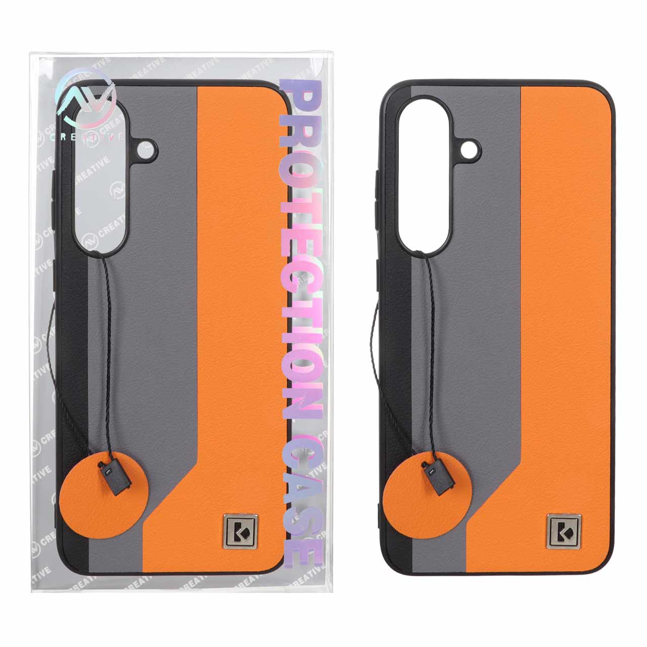 قاب Protection Case طرح چرم لوگو فلزی Samsung Galaxy S25 FE - خاکستری نارنجی (پک دار)