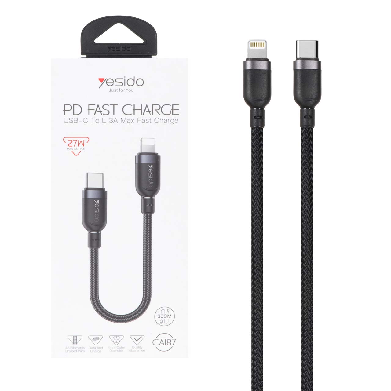 کابل شارژ فست پاوربانک Yesido Type-C To Lightning مدل CA187 27W - مشکی (گارانتی 12 ماه تعویض نیکان همراه)