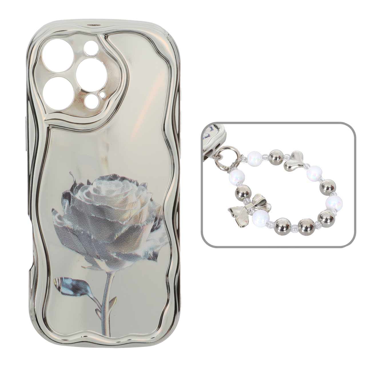 قاب کنگره ای آینه ای طرح دار با آویز مچی مرواریدی Apple iPhone 16 Pro Max - کد 144